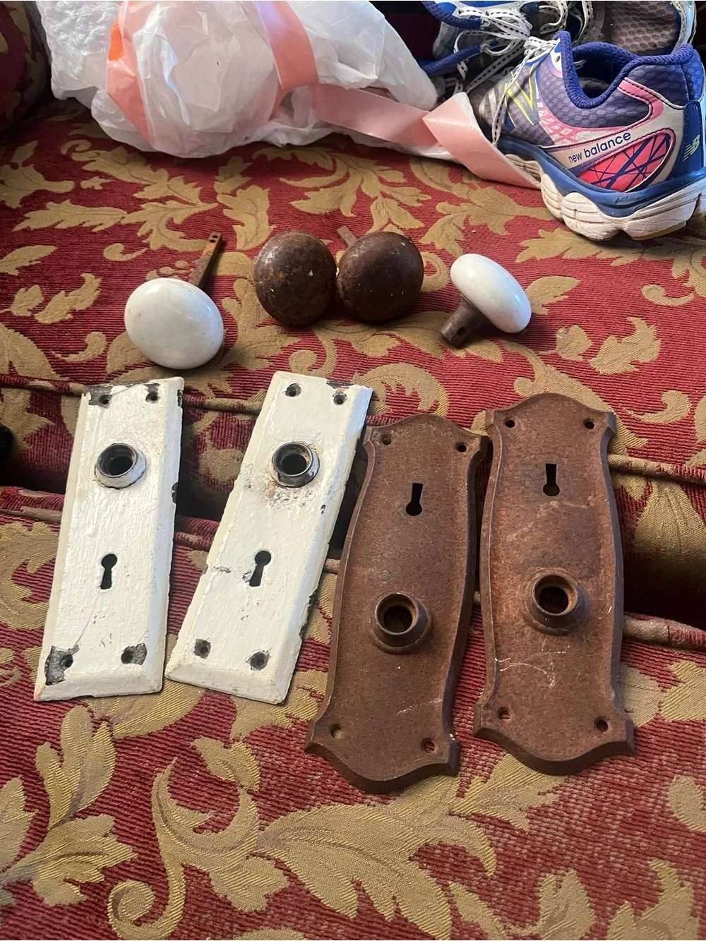 Antique-Style White and Brown Porcelain & Metal Door Knob Set